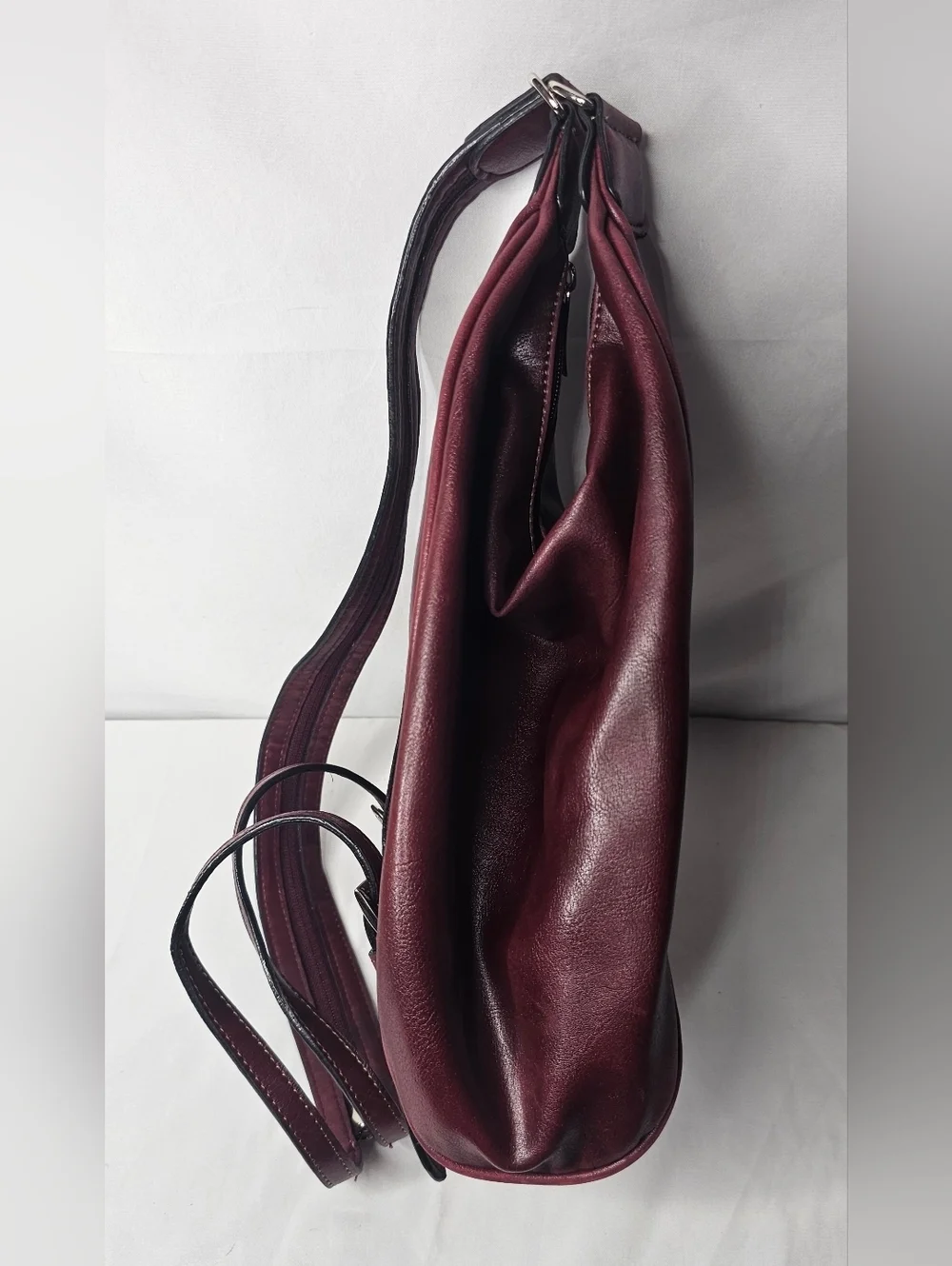 Rina Rich Burgundy Leather Teardrop Sling Backpack Convertible Zipper Strap Bag